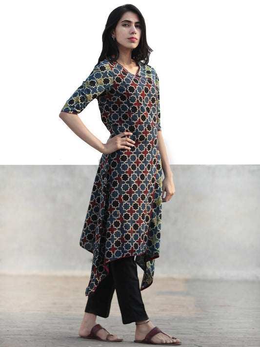 Green Indigo Black Red Hand Printed Ajrakh Kurta - K50F1162