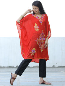 Bright Red Lilac Yellow Aari Embroidered Kashmere Free Size Kaftan in Crushed Cotton - K11K054