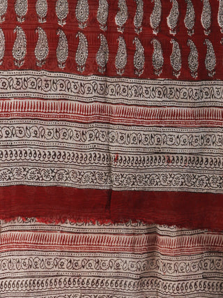 Brick Red Off White Bagh Hand Block Printed Cotton Suit-Salwar Fabric With Chiffon Dupatta (Set of 3) - SU01HB407