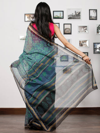 Teal Green Indigo Black Ivory Hand Block Printed Kota Doria Saree in Natural Colors - S031702849