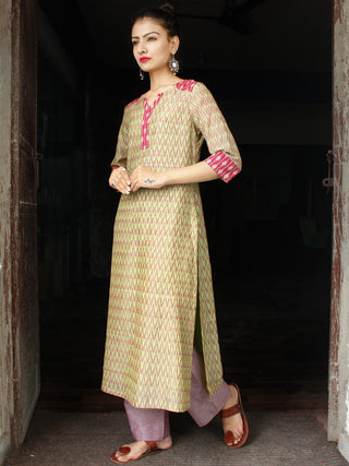 Green Lavender Pink Silk Cotton Ikat Kurta & Pants (Set of 2) - SS01F1272