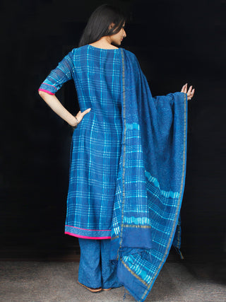 Indigo Blue Chanderi Block Printed Suit Set - Set of 3 - SS01F004