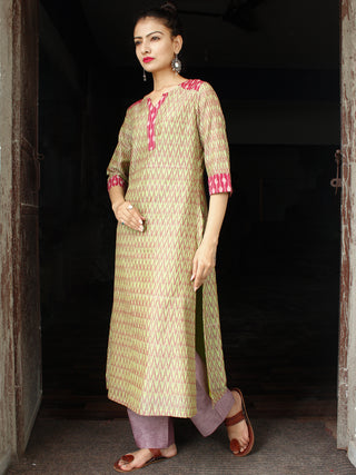 Green Lavender Pink Silk Cotton Ikat Kurta & Pants (Set of 2) - SS01F1272