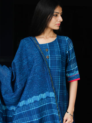 Indigo Blue Chanderi Block Printed Suit Set - Set of 3 - SS01F004