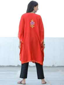 Bright Red Lilac Yellow Aari Embroidered Kashmere Free Size Kaftan in Crushed Cotton - K11K054