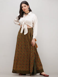 Green Mustard  Rust Ajrakh Hand Block Printed Wrap Around Skirt  - S402F675