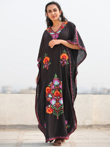 Black MultiColor Aari Embroidered Kashmere Free Size Kaftan in Crushed Cotton - K11K077