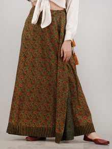 Green Mustard  Rust Ajrakh Hand Block Printed Wrap Around Skirt  - S402F675