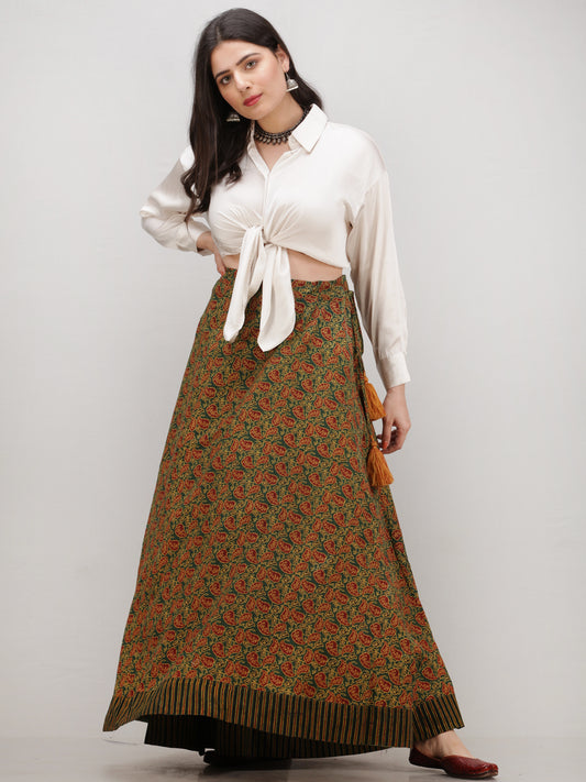 Green Mustard  Rust Ajrakh Hand Block Printed Wrap Around Skirt  - S402F675