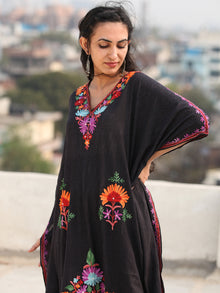 Black MultiColor Aari Embroidered Kashmere Free Size Kaftan in Crushed Cotton - K11K077