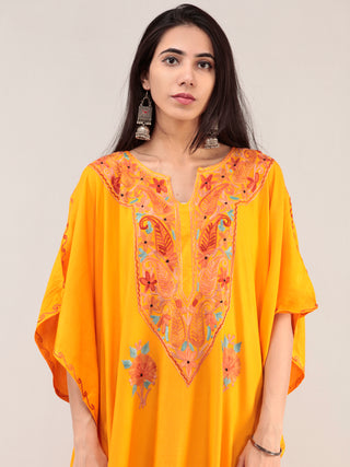 Yellow Aari Embroidered Kashmere Free Size Kaftan  - K12K068