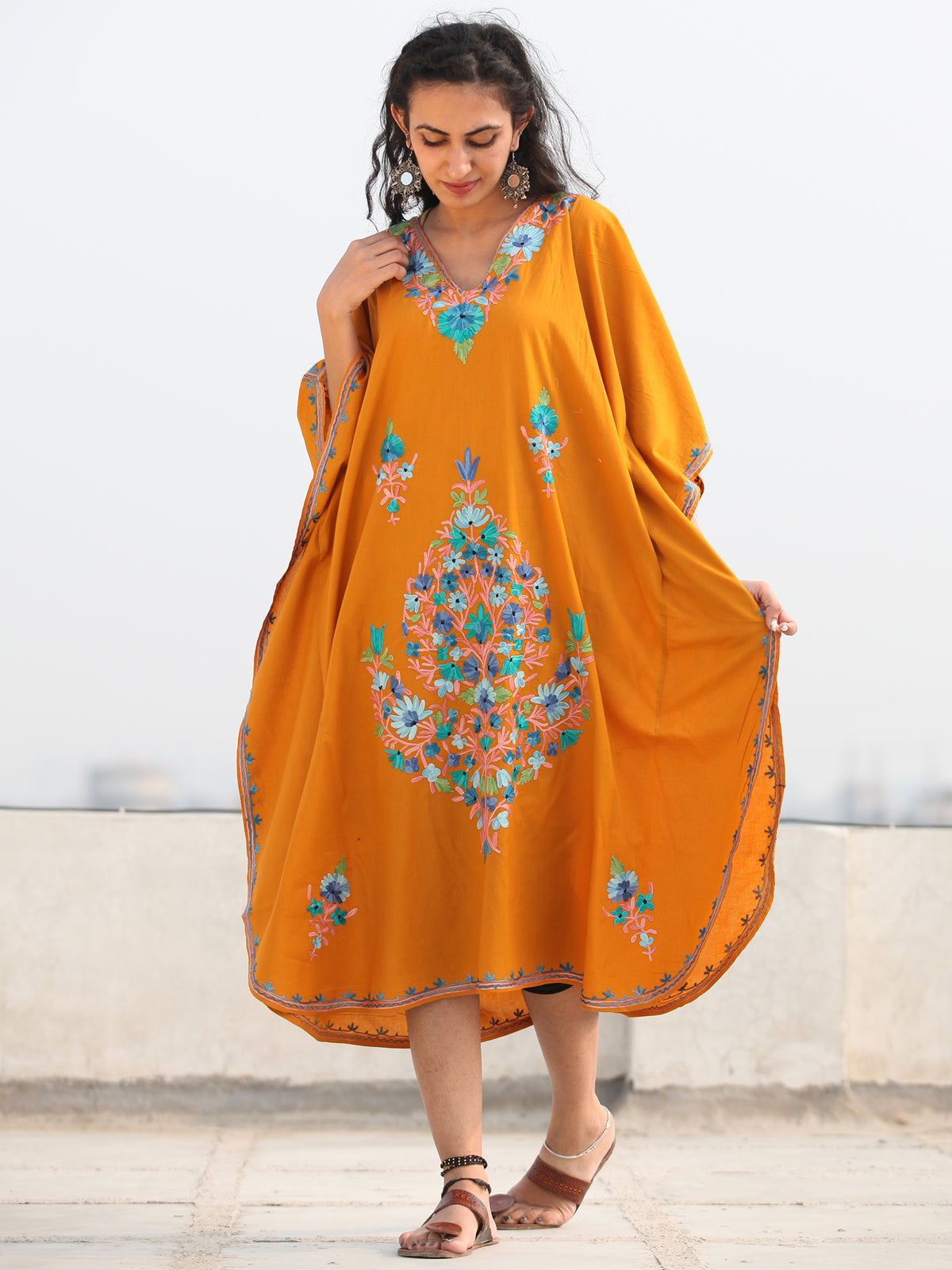 Mustard Multicolor Aari Embroidered Kashmere Free Size Kaftan in Crushed Cotton - K11K078