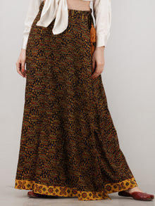 Black Mustard Yellow Ajrakh Hand Block Printed Wrap Around Skirt  - S402BP40