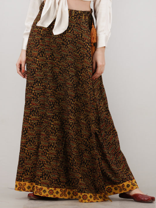 Black Mustard Yellow Ajrakh Hand Block Printed Wrap Around Skirt  - S402BP40