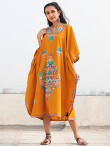 Mustard Multicolor Aari Embroidered Kashmere Free Size Kaftan in Crushed Cotton - K11K078