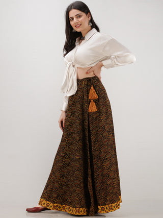Black Mustard Yellow Ajrakh Hand Block Printed Wrap Around Skirt  - S402BP40