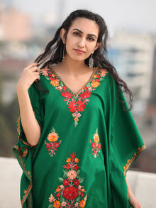 Green MultiColor Aari Embroidered Kashmere Free Size Kaftan in Crushed Cotton - K11K079