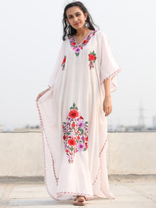 White Multicolor Aari Embroidered Kashmere Free Size Kaftan in Crushed Cotton - K11K080