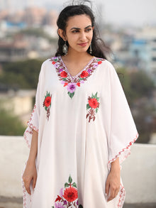 White Multicolor Aari Embroidered Kashmere Free Size Kaftan in Crushed Cotton - K11K080