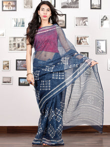 Indigo Ivory Hand Block Printed Kota Doria Saree in Natural Colors - S031702885