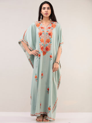 Pastel Green Aari Embroidered Kashmere Free Size Kaftan  - K12K060