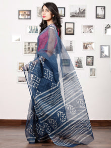 Indigo Ivory Hand Block Printed Kota Doria Saree in Natural Colors - S031702885