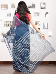 Indigo Ivory Hand Block Printed Kota Doria Saree in Natural Colors - S031702885