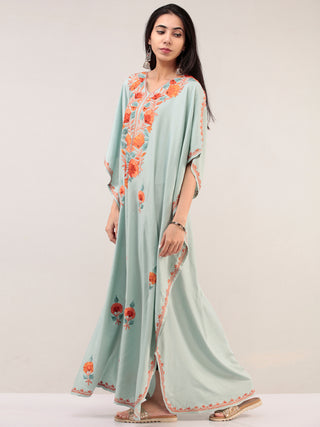 Pastel Green Aari Embroidered Kashmere Free Size Kaftan  - K12K060