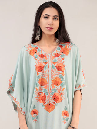 Pastel Green Aari Embroidered Kashmere Free Size Kaftan  - K12K060