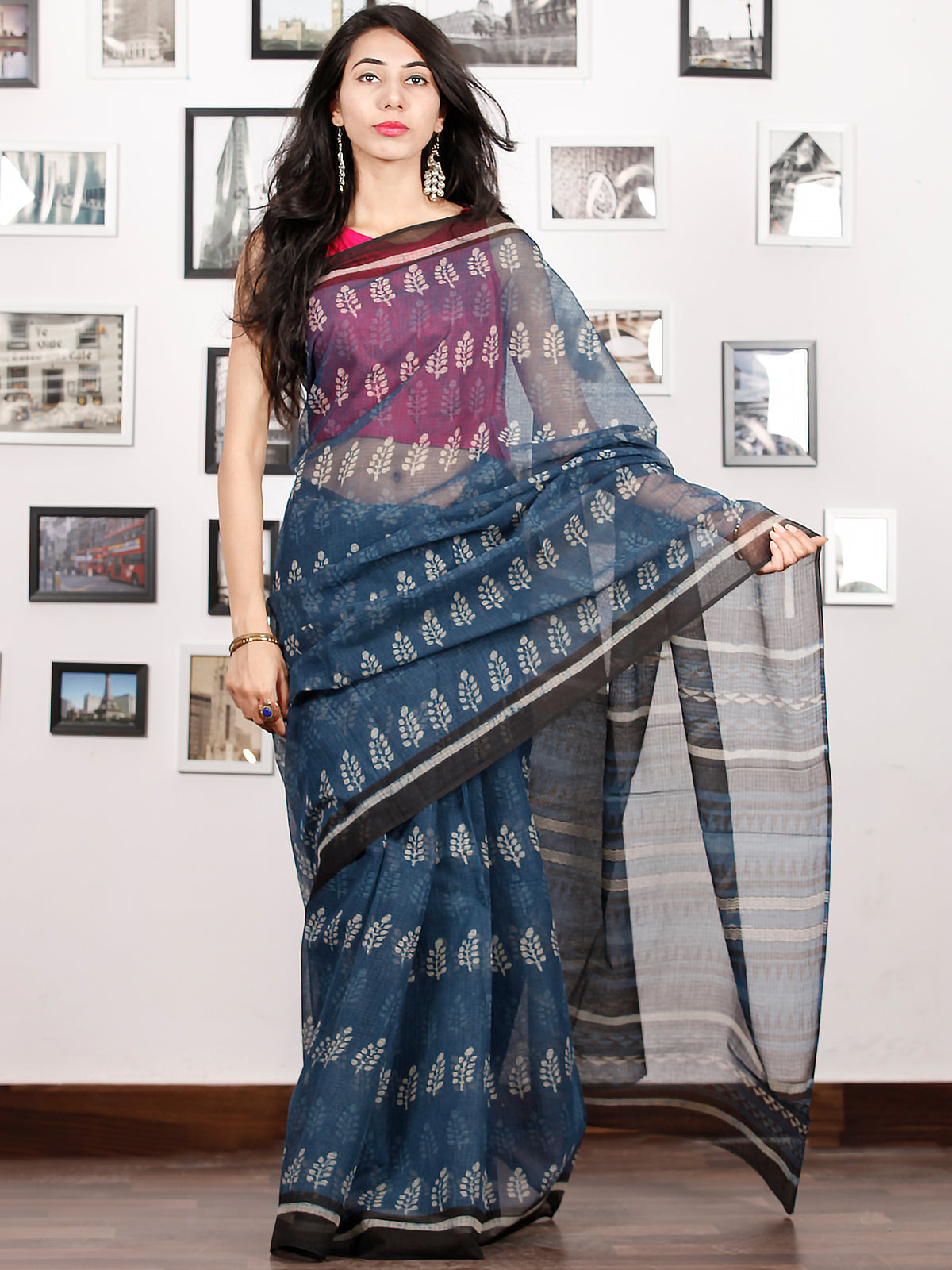 Indigo Ivory Black Hand Block Printed Kota Doria Saree in Natural Colors - S031702886