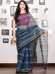 Indigo Ivory Black Hand Block Printed Kota Doria Saree in Natural Colors - S031702886