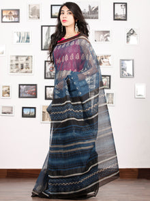 Indigo Ivory Black Hand Block Printed Kota Doria Saree in Natural Colors - S031702886