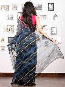 Indigo Ivory Black Hand Block Printed Kota Doria Saree in Natural Colors - S031702886