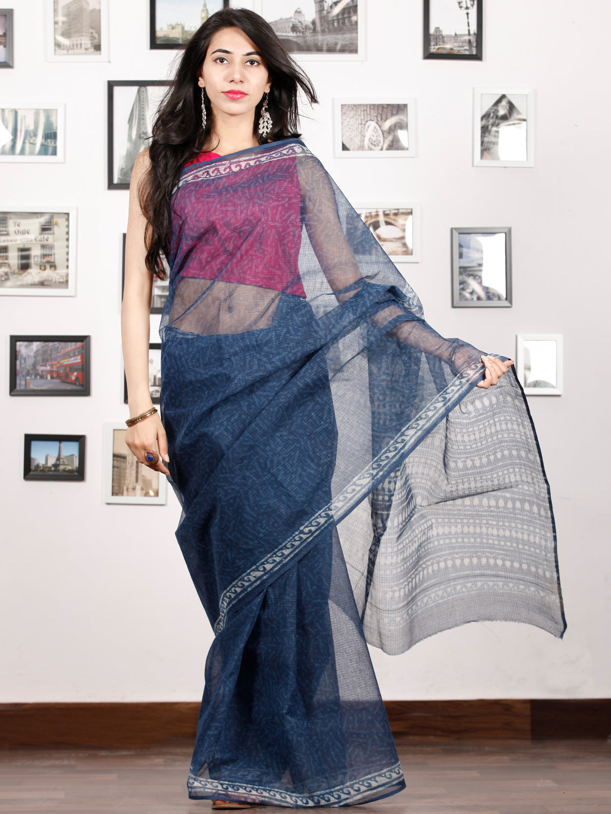 Indigo Ivory Hand Block Printed Kota Doria Saree in Natural Colors - S031702888
