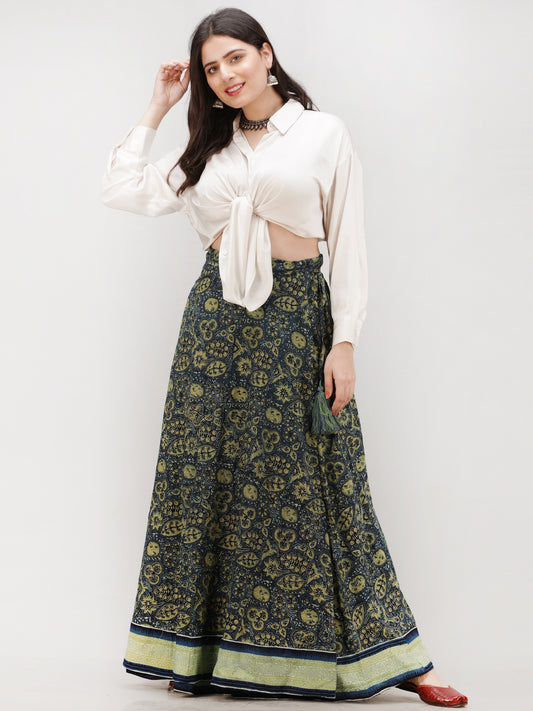 Indigo Olive Green Ajrakh Hand Block Printed Wrap Around Skirt  - S402BP27