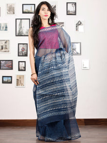 Indigo Ivory Hand Block Printed Kota Doria Saree in Natural Colors - S031702888