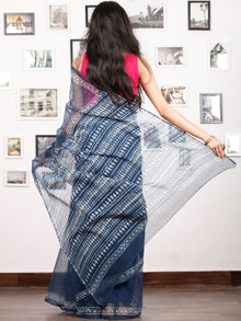 Indigo Ivory Hand Block Printed Kota Doria Saree in Natural Colors - S031702888