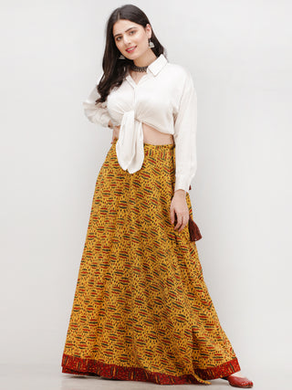 Mustard Red Green  Ajrakh Hand Block Printed Wrap Around Skirt  - S402BP43