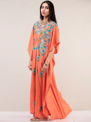 Peach Aari Embroidered Kashmere Free Size Kaftan  - K12K065