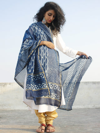 Indigo Ivory Chanderi Silk Hand Black Printed Dupatta - D04170131