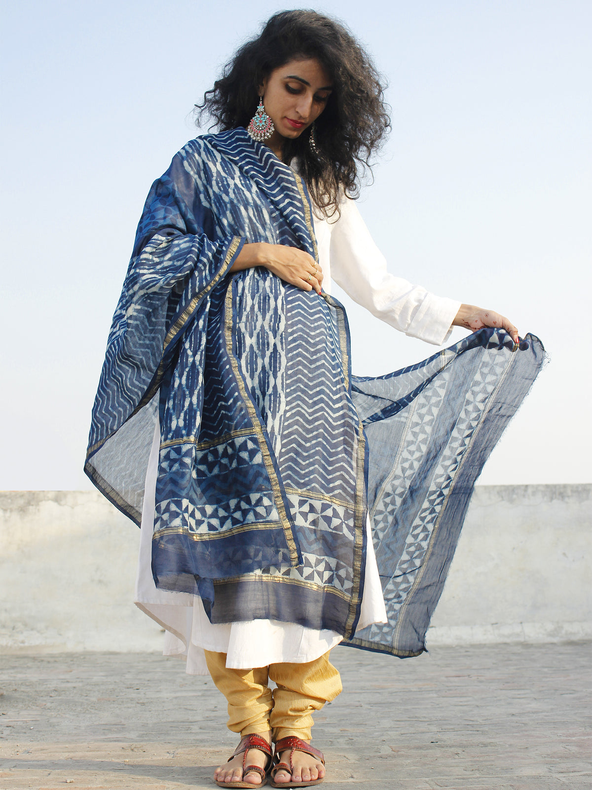 Indigo Ivory Chanderi Silk Hand Black Printed Dupatta - D04170131