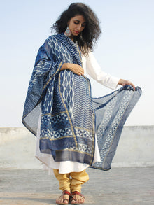 Indigo Ivory Chanderi Silk Hand Black Printed Dupatta - D04170131