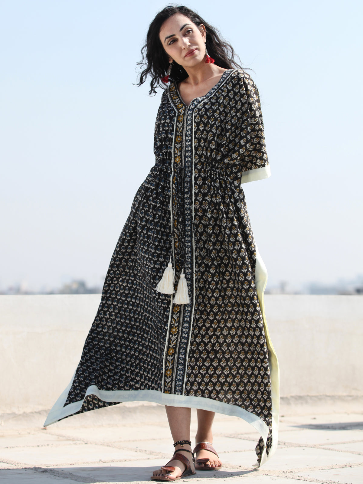 Black Mustard Indigo Hand Block Printed C Cut Kaftan - K121F2258