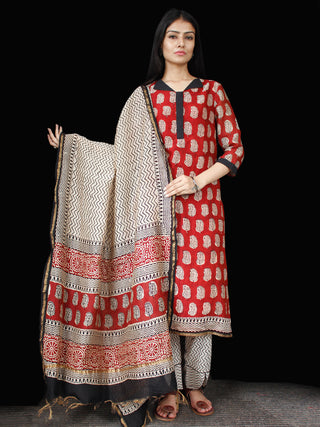 Red Black Beige Chanderi Block Printed Suit Set - Set of 3 - SS01F005