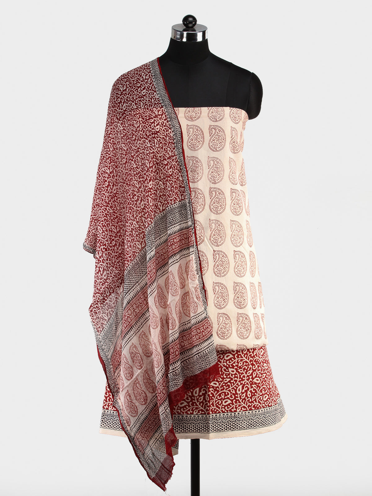 Off White Red Bagh Hand Block Printed Cotton Suit-Salwar Fabric With Chiffon Dupatta (Set of 3) - SU01HB408