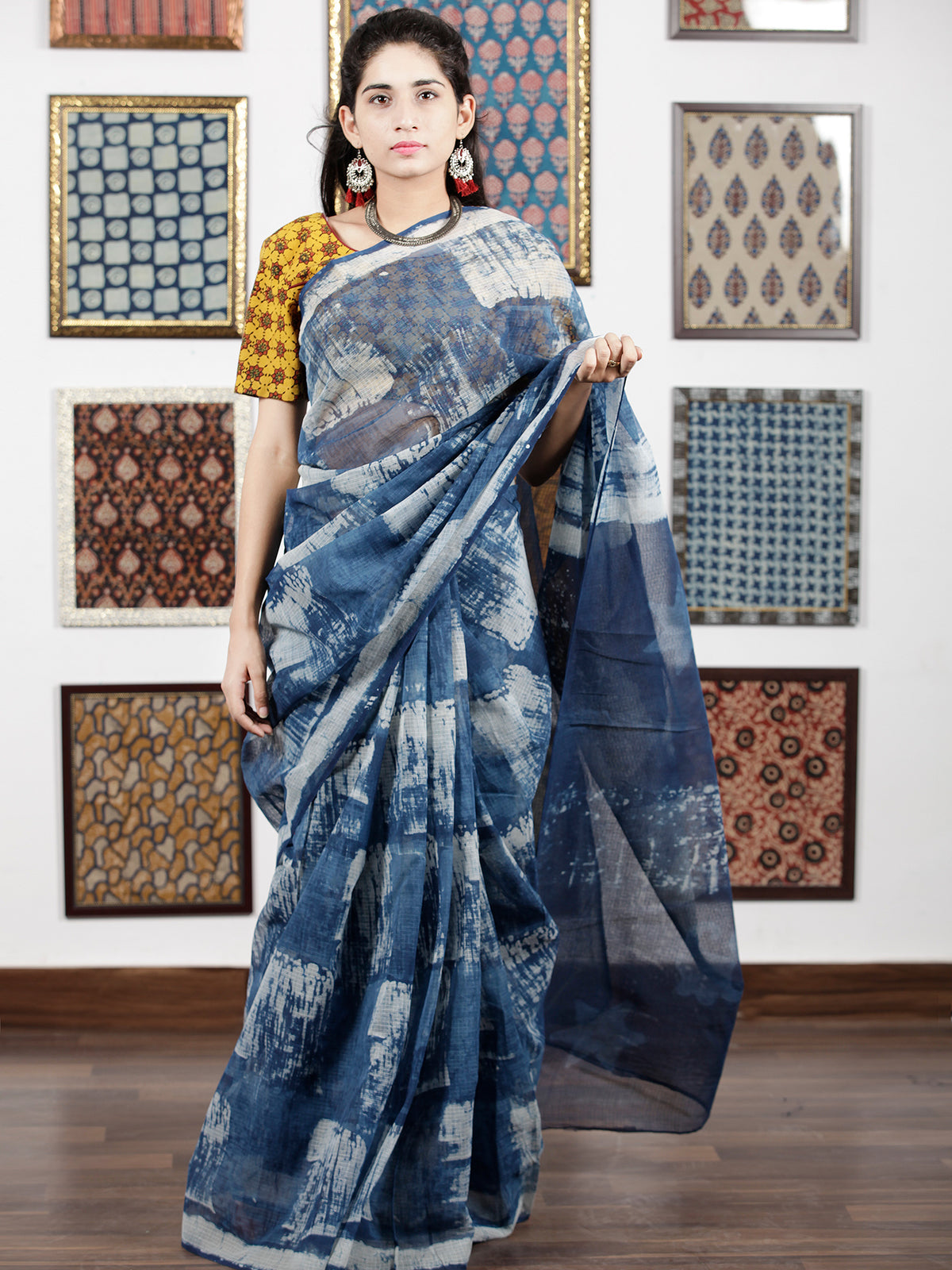Indigo Ivory Hand Block Painted & Printed Kota Doria Saree in Natural Colors - S031703086
