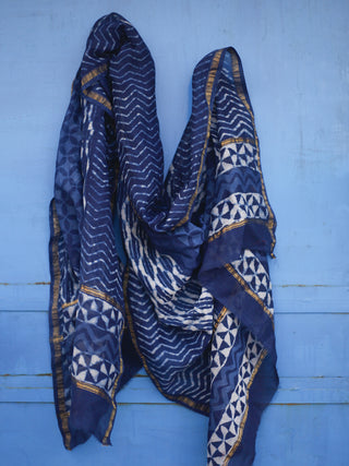 Indigo Ivory Chanderi Silk Hand Black Printed Dupatta - D04170131