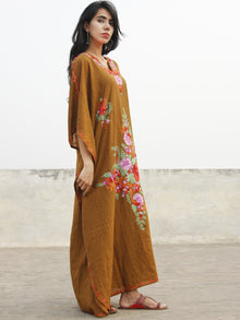 Light Brown with Multi color Aari Embroidered Long Kashmere Free Size Kaftan in Crushed Cotton - K11K005