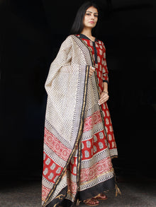 Red Black Beige Chanderi Block Printed Suit Set - Set of 3 - SS01F005
