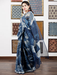 Indigo Ivory Hand Block Painted & Printed Kota Doria Saree in Natural Colors - S031703086